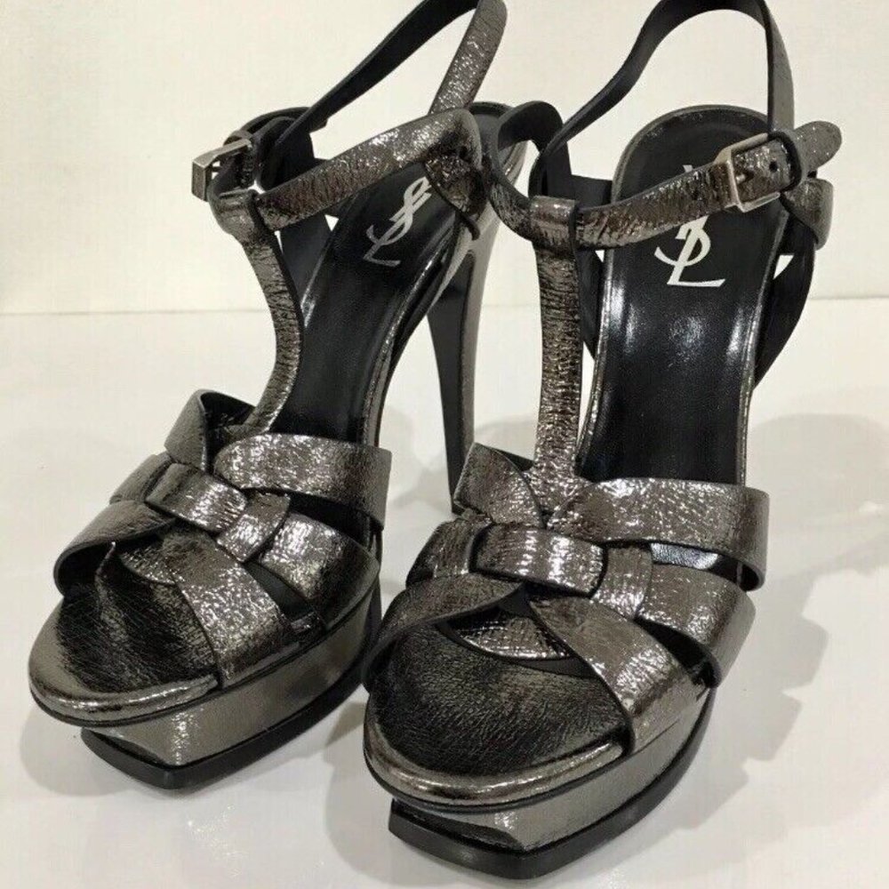 Saint Laurent YSL Metallic Tribute Platform Heels Sandals 7.5 Gunmetal Gray 38 - Picture 3 of 3